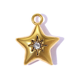 Настоящее золото 18K 304 подвески из нержавеющей стали и страз, звезда очарование, ионное покрытие (ip), долговечный, кристалл, реальный 18 k позолоченный, 14x12 мм, отверстие: 1.60 мм