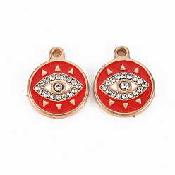 Red Alloy Pendants, with Enamel and Rhinestone, Light Gold, Flat Round with Eye, Red, 19x15x3mm, Hole: 1.6mm