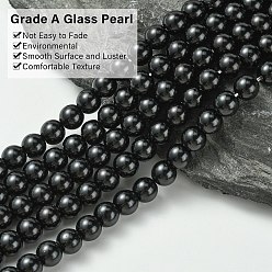 Black Eco-Friendly Dyed Glass Pearl Round Beads Strands, Grade A, Cotton Cord Threaded, Black, 6mm, Hole: 0.7~1.1mm, about 72pcs/strand, 15 inch