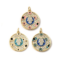 (52) Непрозрачная лаванда Латунные микро проложить кубического циркония подвески, с эмалью, плоские круглые с хамсой ручные подвески, долговечный, стойки покрытие, без свинца и без кадмия, реальный 18 k позолоченный, разноцветные, 21x18.5x2.5 мм, Перейти кольцо: 5x1 мм, внутренний диаметр: 3 мм