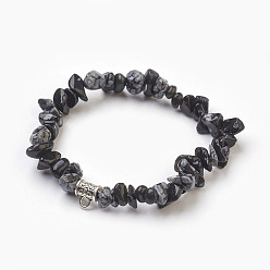 Снежный Обсидиан Натуральная снежинка обсидиан бисер браслеты растянуть, со сплавочной фурнитурой, чип, 1-3/4 дюйм (4.5 см)