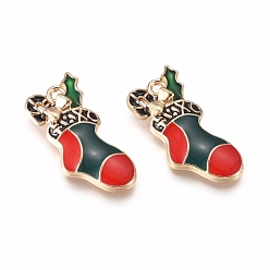 Golden Alloy Enamel Pendants, for Christmas, Socks, Colorful, Golden, 20x9x3mm, Hole: 1.2mm