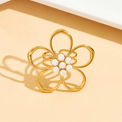 Золотой 304 кольца из нержавеющей стали с пластиковым жемчугом, цветок, эффектные кольца, золотые, 17 мм