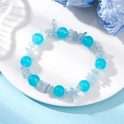 Синий Браслеты из круглого эластичного стекла с имитацией нефрита, окрашенного методом запекания, для женщин, круглые, с крошкой натурального аквамарина, синие, внутренний диаметр: 2-1/4 дюйм (5.7 см)