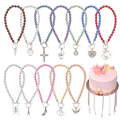 (52) Непрозрачная лаванда Акриловый искусственный жемчуг круглый свадебный торт из бисера, партийные украшения, С подвеской из тибетского сплава, отмычка/птица/корона, разноцветные, 258~269 мм, 12 стиль, 1 шт / стиль, 12 шт / коробка