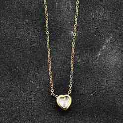 Золотой 304 подвесные из нержавеющей стали ожерелья, с кулоном из латуни с фианитами, сердце, прозрачные, золотые, 17.6 дюйм (45 см), Кулон : 7x7x4 мм