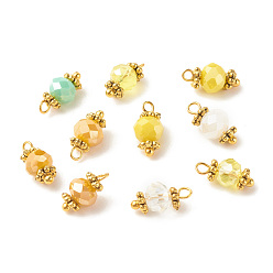 Желтый Подвеска из гальванических стеклянных бусин, с латунной фурнитурой , граненые подвески-рондели, желтые, 12x5.5 мм, отверстие : 1.4 мм