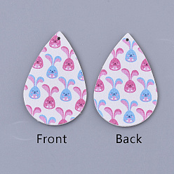 Белый Дым Искусственная кожа большая слезинка с подвесками зайчика, Пасхальная тема, с кроликом шаблон, серый, 55~56.5x35~37x2 мм, отверстие : 1~2 мм