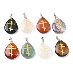 Смешанные камни Природные смешанные подвески драгоценных камней, с реечной обшивкой латунными выводами, без кадмия и без свинца, подвеска в виде капли и креста, смешанные окрашенные и неокрашенные, 31x25x5~7 мм, отверстие : 4.5x4 мм