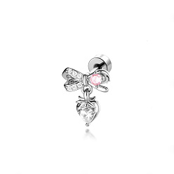 Pink Серьги для хряща уха из титанового сплава с инкрустацией кубическим цирконием, бантик с клубникой, платина, розовые, 11.8x10.1 мм