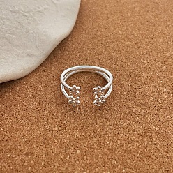 Серебро Латунные манжеты открытые кольца для женщин, цветок, серебряные, внутренний диаметр: 15~20 мм