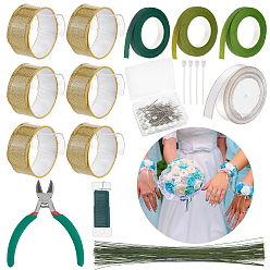 Gold PU Leather with Iron Slap Bracelets, Iron & Paper Floral Wire, Polyester Ribbon, Iron Head Pins, Iron Wire Grimp Wire, Paper Tapes, Gold, 220mm
