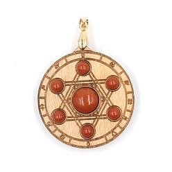 Красный Камень Природные красной яшмы подвески, с деревянными досками, плоский круг и гексаграмма, золотые, 45x11 мм