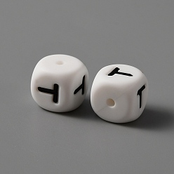 Letter T Пищевые экологически чистые силиконовые бусины, белый куб с черной буквой, letter.t, 12x12x12 мм, отверстие : 2 мм