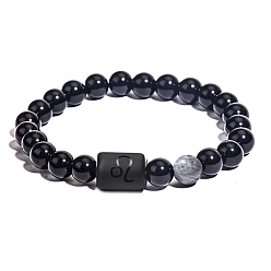 Leo Natural Black Agate(Dyed & Heated) Stretch Bracelets, Constellations Theme Bracelet, Leo, Inner Diameter: 2-3/8 inch(6cm)