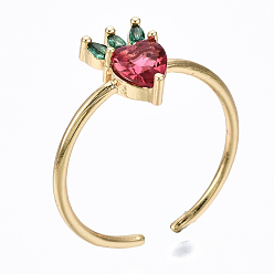 Золотой Латунные микро проложить манжеты кольца кубического циркония, открытые кольца, без кадмия, без никеля и без свинца, клубника, красные, золотые, размер США 7 1/4 (17.5 мм)