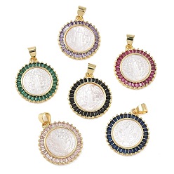 (52) Непрозрачная лаванда Религия латунь микро проложить цирконий подвески, с оболочкой, плоский круглый со святыми подвесками, стойки покрытие, долговечный, без кадмия и без свинца, реальный 18 k позолоченный, разноцветные, 21.5x18.5x3.5 мм, отверстие : 4.5x3.5 мм