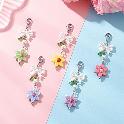 (52) Непрозрачная лаванда Акриловые подвесные украшения, с бусинами из искусственного жемчуга из АБС-пластика и круглыми ракушечными жемчужинами, цветок & Bowknot, разноцветные, 60~62 мм