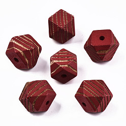 (123L) Белый крем непрозрачный блеск Расписные бусы из натурального дерева, лазерная гравировка, граненые, многоугольник с полосой зебры, огнеупорный кирпич, 16x15.5~16.5x15.5~16.5 мм, отверстие : 3 мм