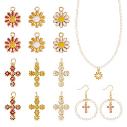 Mixed Color 12Pcs 6 Colors Brass Enamel Pendants, Cross & Daisy Charms, Mixed Color, 15~17.5x11.5x1.5~2mm, Hole: 1.4~3mm, 2pcs/style