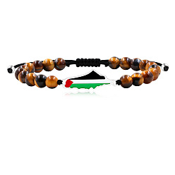 Нержавеющая Сталь Цвет Карта Палестины 304 Браслеты из нержавеющей стали с эмалированными звеньями, Браслеты из плетеных бусин из натуральных бусин тигрового глаза для женщин и мужчин., цвет нержавеющей стали, 6.89 дюйм (17.5 см)