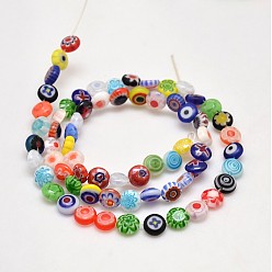 Colorful Handmade Millefiori Glass Flat Round Bead Strands, Single Flower Design, Colorful, 6x2.5mm, Hole: 1mm, about 64~68pcs/strand, 14.5~15 inch