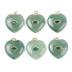 Зеленый Авантюрин Естественный зеленый авантюрин подвески, подвески в форме сердца с латунной микрофиброй и фианитами, реальный 18 k позолоченный, долговечный, стойки покрытие, без кадмия и без свинца, 22x20x6.5 мм, Перейти кольцо: 5x1 мм, внутренний диаметр: 3 мм