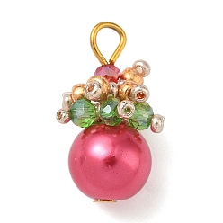 Светло-Вишневый Кулоны из стекла с жемчугом и росписью для выпечки, круглые, со стеклянным бисером и золотой железной петлей, светло-вишневый, 22.5x13 мм, отверстие : 2.6 мм