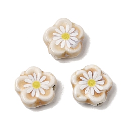 Old Lace Glaze Daisy Flower Printed Porcelain Beads, Handmade Floral Ceramic Beads, Old Lace, 15~16x15~16x5.5~6.5mm, Hole: 2mm