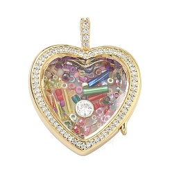 Разноцветный Латунные микропаве прозрачные подвески с фианитом, сердце прелести, без свинца и без кадмия, долговечный, стойки покрытие, реальный 18 k позолоченный, красочный, 34x27x12 мм, отверстие : 5x4 мм