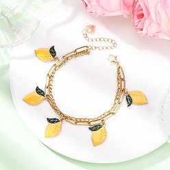Лимон 304 браслеты из нержавеющей стали с цепочкой из фигаро и скрепок, браслеты из сплава эмали для женщин, лимон, 7-1/8~7-1/4 дюйм (18~18.4 см)