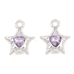 Lilac Y2K Style Alloy & Glass Pendants, Star with Faceted Heart Charm, Silver, Long-Lasting Plated, Rack Plating, Lilac, 20x17x6.5mm, Hole: 2.3mm