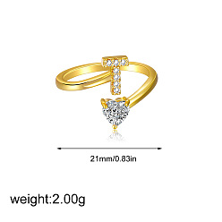 Letter T Латунные кольца-манжеты с микропаве из прозрачных кубических цирконий, сердце, золотые, Письмо T, 21 мм