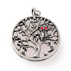Розовый Кварц Натуральное дерево жизни из розового кварца с подвесками в виде совы, Покрытие стойки, античный посеребренный сплав, плоские круглые подвески со стразами из сиамского сплава, без свинца и без кадмия, 31.5x27.5x10~11 мм, отверстие : 8x4 мм