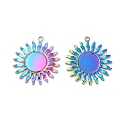 Rainbow Color 304 Настройки кабошон из нержавеющей стали кулон, солнце, Радуга цветов, лоток : 15 мм, 38x35x2.5 мм, отверстие : 3 мм