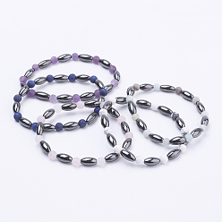Mixed Stone Non-Magnetic Synthetic Hematite Beads Stretch Bracelets, with Frosted Natural Gemstone Beads, 2-1/4 inch(58mm)
