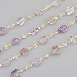 Amethyst Handmade Natural Amethyst Beaded Chains, with Rondelle Glass Beads and Brass Cable Chains, Long-Lasting Plated, Unwelded, with Spool, Nuggets, Golden, Link: 2.5x1x0.3mm, Gemstone Beads: 6~12x6~6.5x4~4.5mm, Glass Beads: 4x3mm, about 32.8 Feet(10m)/roll