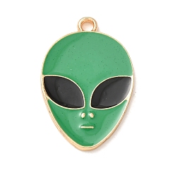 Green Alloy Enamel Pendants, Alien Face Charms, Golden, Green, 27x17.5x1.5mm, Hole: 2mm