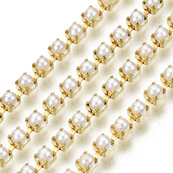 Raw(Unplated) Brass Cup Chains, with ABS Plastic Imitation Pearl , Beige, Raw(Unplated), 2mm