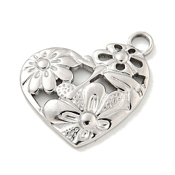 Нержавеющая Сталь Цвет Не тускнеющие 304 подвески из нержавеющей стали, сердце с цветочными подвесками, цвет нержавеющей стали, 24x25.5x2.8 мм, отверстие : 3.2 мм