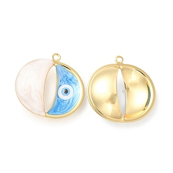 Deep Sky Blue Brass Pendants, with Enamel, Real 18K Gold Plated, Long-Lasting Plated, Flat Round with Evil Eye Charm, Deep Sky Blue, 25x25x8mm, Hole: 1.4mm