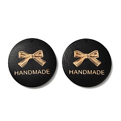 Черный Древесины подвески, плоские круглые подвески с надписью "ручная работа", чёрные, 39.5~40.5x5~5.5 мм, отверстие : 1.4 мм