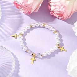 Белый АБС-пластик имитация жемчужных бусин эластичные браслеты, браслеты с подвесками в виде креста из сплава для женщин, белые, внутренний диаметр: 2-1/8 дюйм (5.3 см)