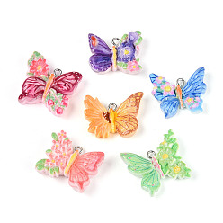 (52) Непрозрачная лаванда Непрозрачные подвески смолы, Бабочка с цветком, с платиновыми железными петлями, разноцветные, 19~24x24~26.5x7~8.5 мм, отверстие : 2 мм