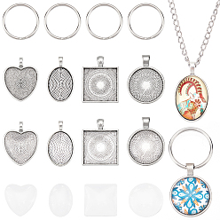Antique Silver & Stainless Steel Color DIY Pendant Making Kits, Including Alloy Pendant Cabochon Settings, Glass Cabochons, 304 Stainless Steel Split Key Rings, Antique Silver & Stainless Steel Color, 60Pcs/box