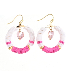 Deep Pink Dangle Earrings, with Polymer Clay Heishi Beads, Heart Glass Beads, Alloy Beads, Golden Plated 304 Stainless Steel Pendants and Brass Earring Hooks, Ring, Deep Pink, 47.5x36mm, Pin: 0.7mm