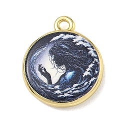 Marine Blue Printed Brass Pendants, Flat Round with Mermaid Charms, Golden, Marine Blue, 17.5x15x3.5mm, Hole: 1.6mm