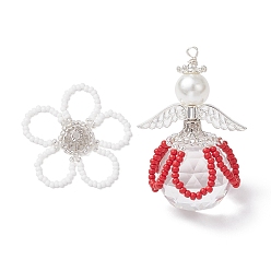(123L) Белый крем непрозрачный блеск 2шт 2 стили стеклянные бусины подвески, цветок и ангел, с крылом из сплава и стеклянными круглыми бусинами из жемчуга, окрашенными в технике выпекания, огнеупорный кирпич, 38x6 мм, отверстие : 2 мм