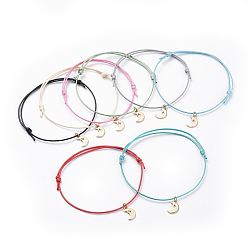 Mixed Color Cord Bracelets, with Eco-Friendly Korean Waxed Polyester Cord and Brass Charms, Moon, Golden, Mixed Color, 2-1/2 inch~3-3/8 inch(6.5~8.6cm)