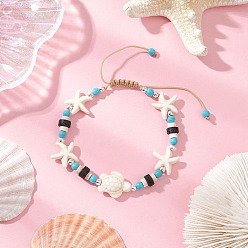 Кремово-белый Синтетические бирюзовые бусины плетеные браслеты для мужчин и женщин, черепаха и морская звезда, с нейлоновой нитью и бусинами из лавового камня, кремово-белые, внутренний диаметр: 1-7/8~3-1/4 дюйм (4.8~8.1 см)